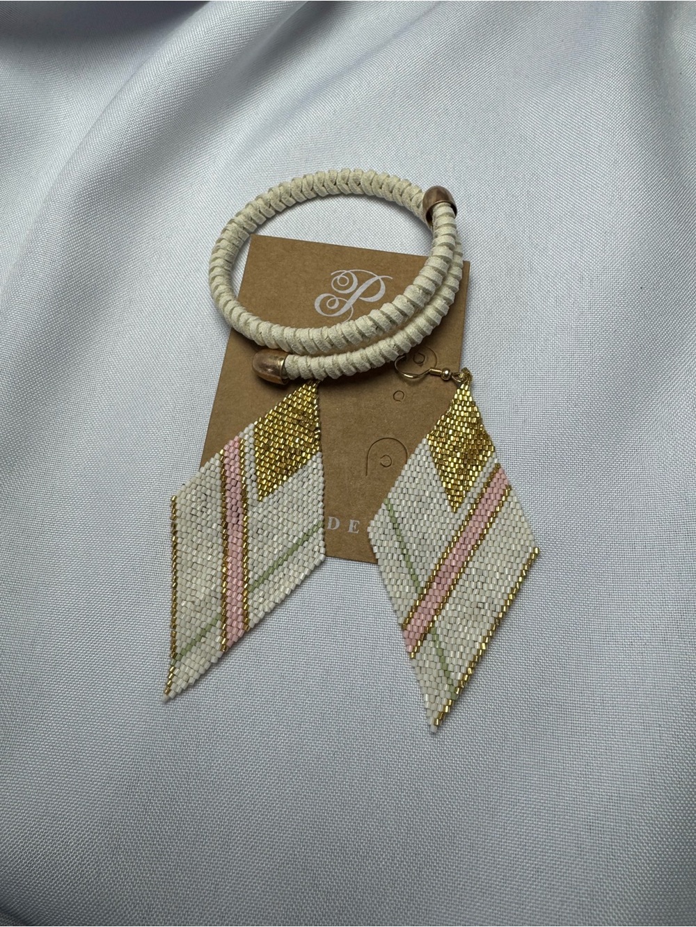 ★ Boho Beaded Diamond Earrings Ivory Pink Gold Statement Jewelry - Picture 2 of 4